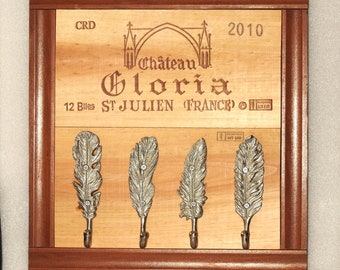 Gloria Key Chain Holder - Dog Leash Holder - Wine Lovers Art - Dog - Cat - Salvaged Wood - One of a Kind - Hand Made in America - Feathers