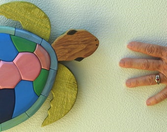 Arte mural de tortuga marina pequeña pintada - Bloques grandes - Intarsia - Casa de playa - OOAK - Hecho a mano - Vida marina - Vida salada - Vida marina - Vida oceánica