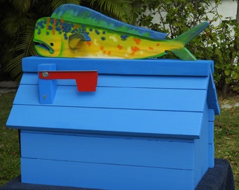 Mahi Mahi Mailbox - Chalet Style Wooden Mailbox with Topper - Sea Life - Dorado - Mailbox & Ornament - Caribbean Swimmer - Dolphin