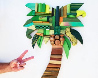 Gran escultura mural de palmera - Madera reciclada - Arte 3D - Casa de playa - Abraza un árbol - Sol y diversión en Florida - Pieza única - Planta tropical