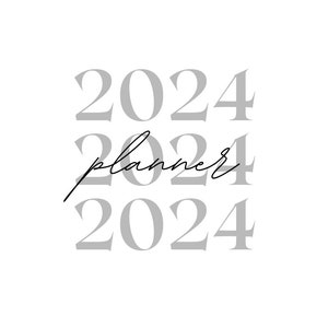 May include: A minimalist design featuring the year "2024" in a stacked arrangement, with the word "planner" in cursive script overlaying the numbers. The numbers are in a light gray color against a white background.