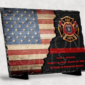 SLATE PLAQUE Thin Red Line Wood-Look Flag Fire Fighter Award Retirement Appreciation Achievement Gift
