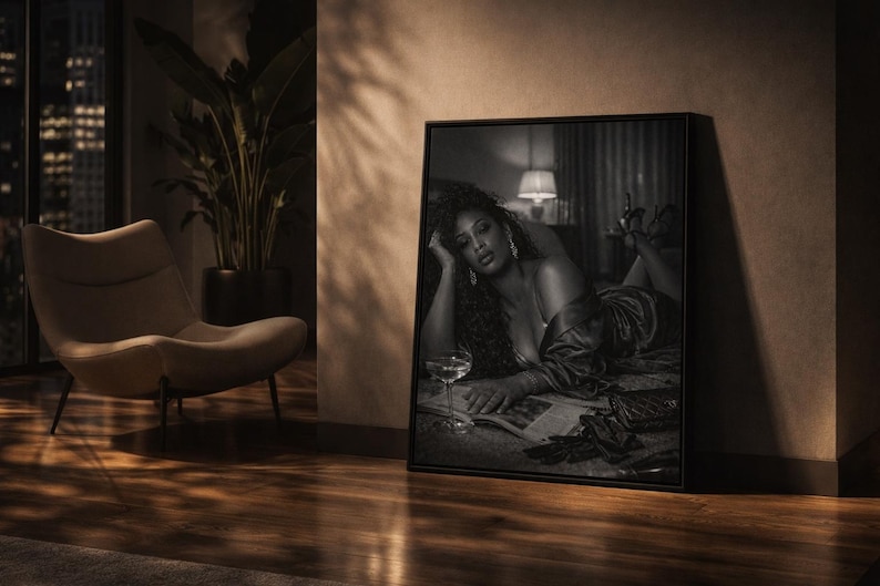 Black and White Glamour Wall Art – Moody Film Noir Photography Print – Luxury Soft Life Decor – Feminine Bedroom Wall Art image 2