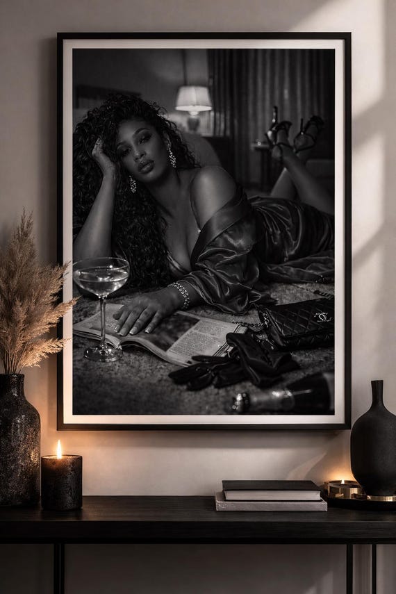 Black and White Glamour Wall Art – Moody Film Noir Photography Print – Luxury Soft Life Decor – Feminine Bedroom Wall Art