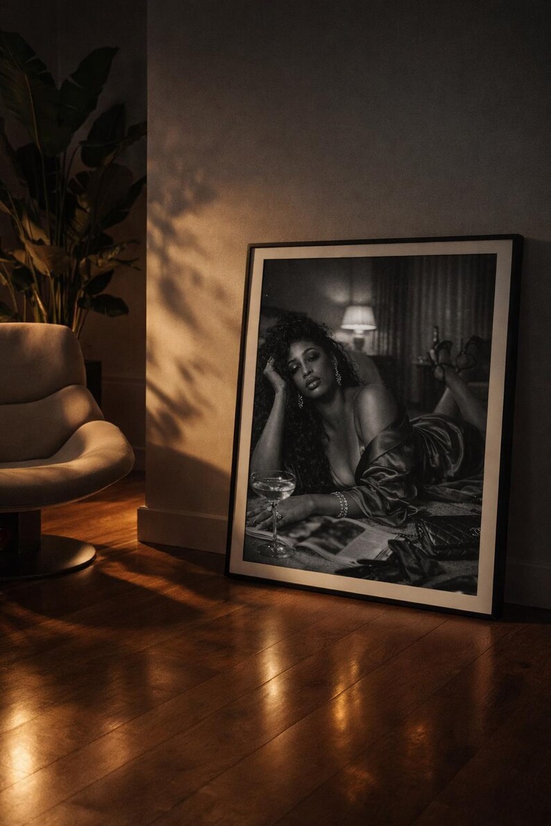 Black and White Glamour Wall Art – Moody Film Noir Photography Print – Luxury Soft Life Decor – Feminine Bedroom Wall Art image 3
