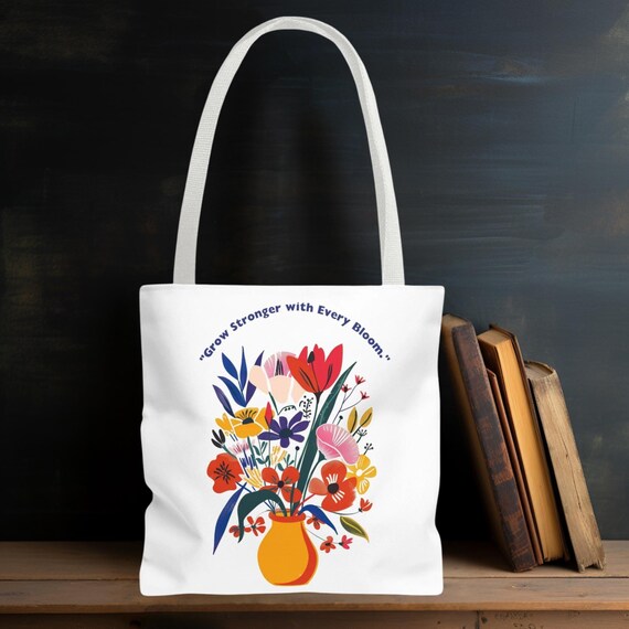 Grow and Glow Inspirational White Tote Bag (AOP), Inspirational, Grow Stronger, White, Motivational, Stylish Practical , Gift Idea