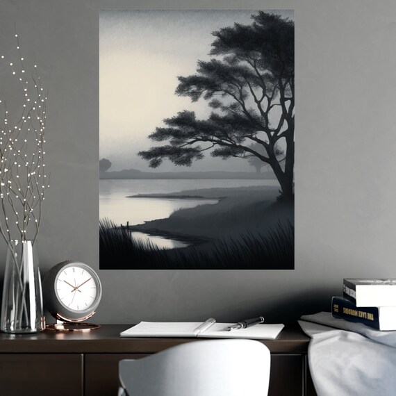 Foggy Coastal Dawn Landscape , Subtle Gradient, Soothing Texture , Quiet Beauty Seascape, Morning Scene .Matte Vertical Posters