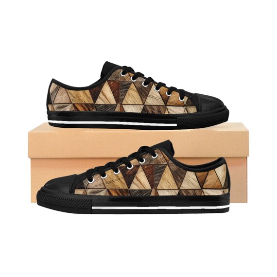 Symmetrical , Triangular Pattern.  Beige Grey Spectrum , Desert Sand Aesthetics ,  Dark Beige Tones,  Trendy Footwear , Women's Sneakers