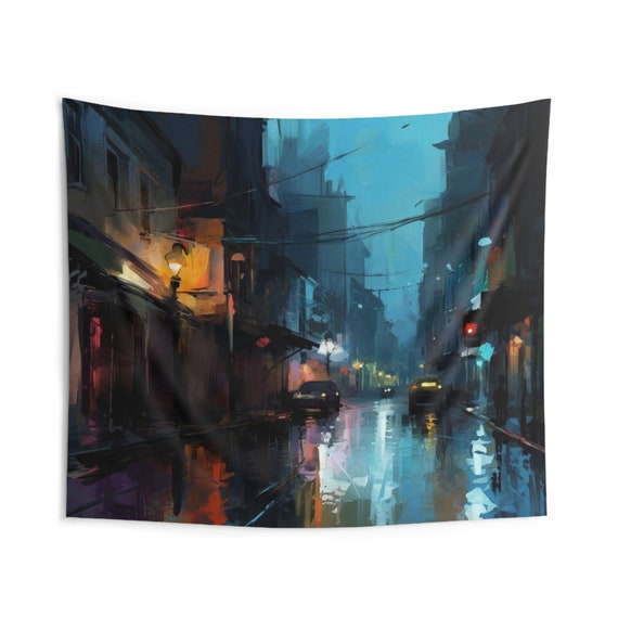 Rainy Evening, Urban cityscape, Nighttime gloomy ,  Dramatic indoor wall,  Weather-inspired,  Mystical rainy, Indoor Wall Tapestries
