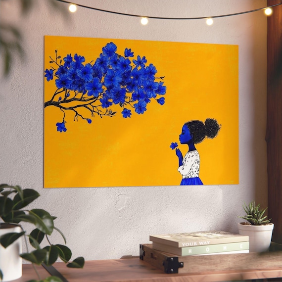 Unique African American Art – Black Girl in a Yellow World with Blue Blooms, Aluminum Panel, Gift Idea,