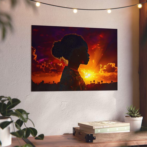 Black Girl Sunset Silhouette Digital Print, Wall Art, Golden Hour Photography, Afro Beauty Portrait, Melanin Magic, Home Decor