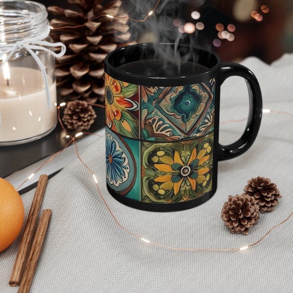 Vibrant Mexican Talavera , 11oz Ceramic Coffee Mug ,Dishwasher Safe, Everyday Companion, Perfect for Morning Brews, Black Mug