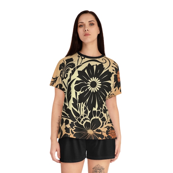 Bold Black and Sunshine Yellow , Japanese Style , Trendy, Luxurious ,Women's Short Pajama Set (AOP)