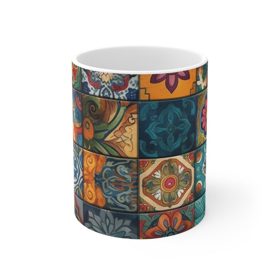 Vivacious Colorful  Mexican Talavera Ceramic Mug , Morning brew companion  Comfort grip,  handle Dishwasher safe 11 oz White  Mug