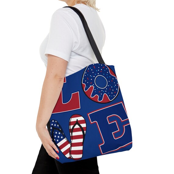 Red White and Blue Love Tote Bag , Colorful,  Eco-friendly , Reusable,  Handmade , Personalized,  Trendy , Shopping Bag