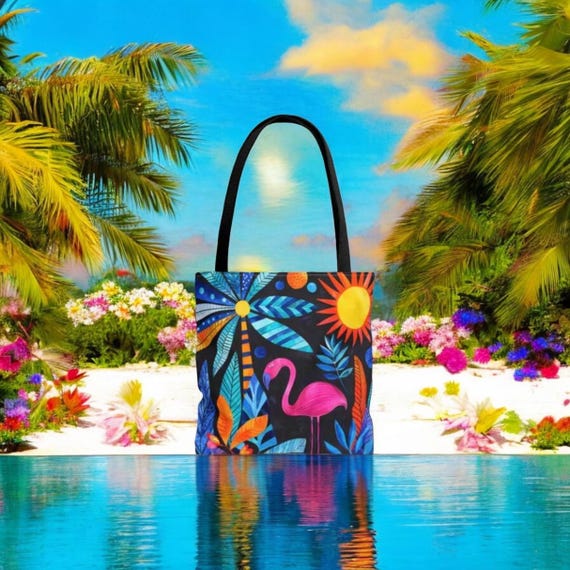 Colorful Retro Tropical Paradise Tote Bag (AOP), Summer Style, Island Dreaming, Beach Ready, Gift Idea, Unique