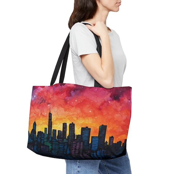 Adventure Vibe, Travel Ready, Personalized , Aesthetic Cityscape, Vibrant Colorful Skyline , Urban Chic, Weekender Tote Bag