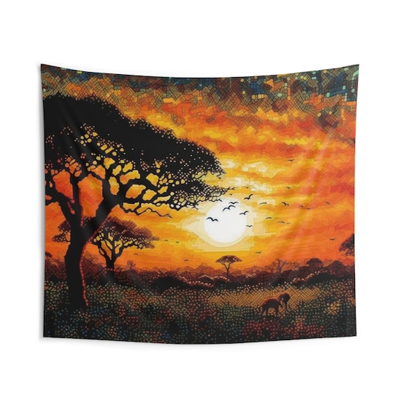 African Scenery Landscape , Colorful Nature, Dot art Décor, Aesthetic,  Contemporary , Pointillism,  Unique, Modern Indoor Wall Tapestries