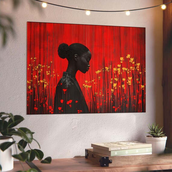 Black Woman Wall Art - Red & Gold Aluminum Composite Panel, African American Home Decor, Bold Abstract Artwork, Contemporary Piece