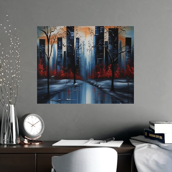 Urban, Serene City Wilderness, City Trees, Clear Blue Vibez, Vivid Colors, Crisp Detail, Custom , High Quality, Vertical Matte Posters