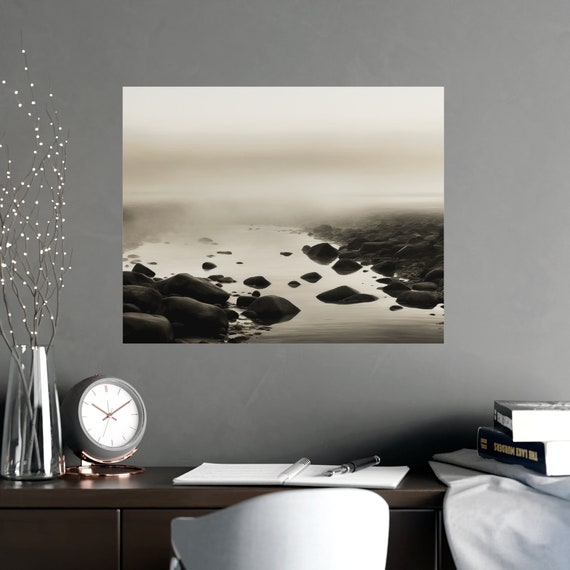 Foggy Coastal Dawn Landscape , Subtle Gradient, Soothing Texture , Quiet Beauty Seascape, Morning Scene .Matte Vertical Posters