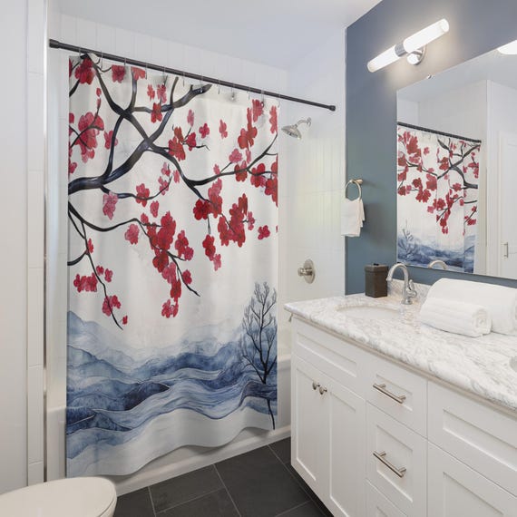 Elegant Japanese-Inspired Cherry Blossom , Pastel Wave Art for Sophisticated Shower Curtain