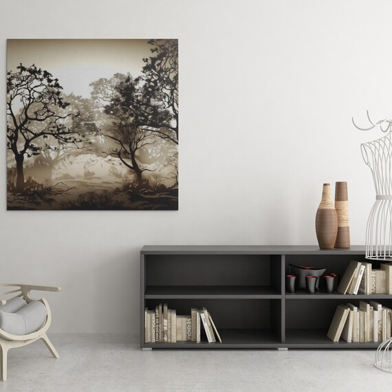 HD, Stretched, Abstract Tree Vector, Nature Inspired Decor , Traditional Japanese Art, Premium Gallery High-Quality , Canvas Gallery Wrap