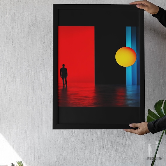 Modern Clean Lines Art Print – Red, Blue, and Black Illustration , Sleek Interior Design, Digital Download, AI Image, Printable Download