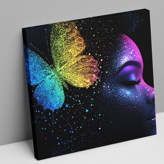 Neon Gradient Rainbow Fairy Art – Digital Printable of a Black Girl Fairy with Bold Colors on Black Background