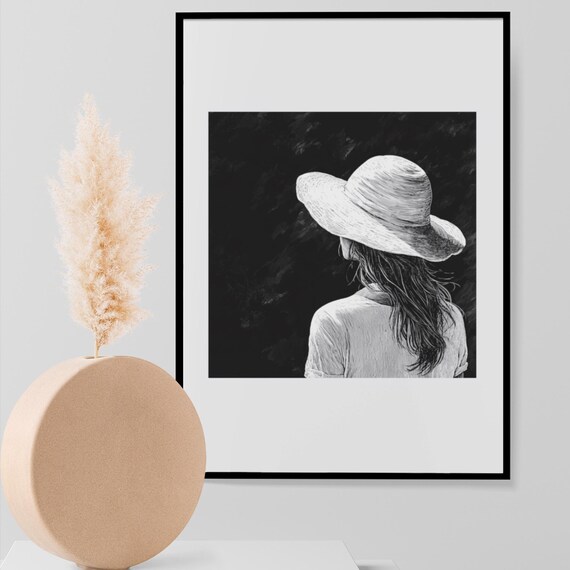 Little Girl Simple White Hat , FlatLine Art – Happy Comic Pop Art Print with Flat Movement