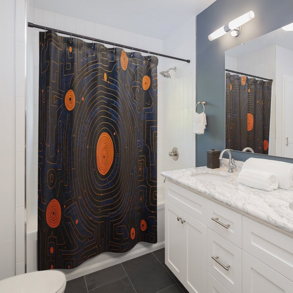 Ethnic Elegance, Shower Curtain in Indigo and Orange,  Bathroom Decor , Interior Design , Bathroom Goals , Trendy Decor, gift ideas
