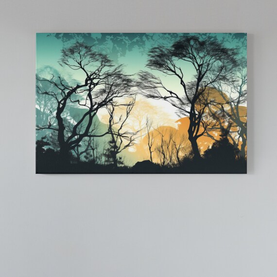HD,  Stretched, Abstract Tree Vector, Nature Inspired Decor , Traditional Japanese Art, Premium Gallery High-Quality , Canvas Gallery Wrap