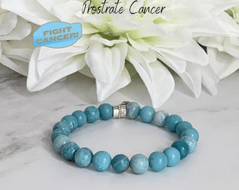Prostate Cancer Support Awareness Bracelet | Light Blue Cancer Ribbon | Nobody Fights Alone | Larimar Natural Gemstones
