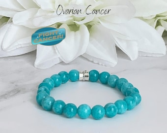 Ovarian Cancer Support Awareness Bracelet | Hope, Warrior, Survivor Charm | Teal Jade Gemstones