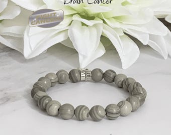 Brain Cancer Support Awareness Bracelet | Brain Tumor | Gray Cancer Ribbon | Nobody Fights Alone | Gray Jasper Gemstone