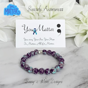Suicide Awareness Support Bead Bracelet | Purple + Teal Imperial Jasper Natural Gemstones