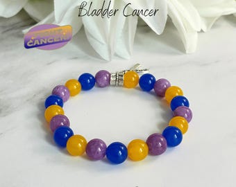 Bladder Cancer Support Awareness Bracelet | Hope, Warrior, Survivor Charm | Blue Chalcedony, Purple Jade and Yellow Agate