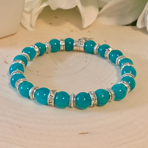 Teal Ribbon Awareness Bracelet | Ovarian Cancer | PSD | Anxiety Disorders | Blue-Green Chalcedony Gemstone