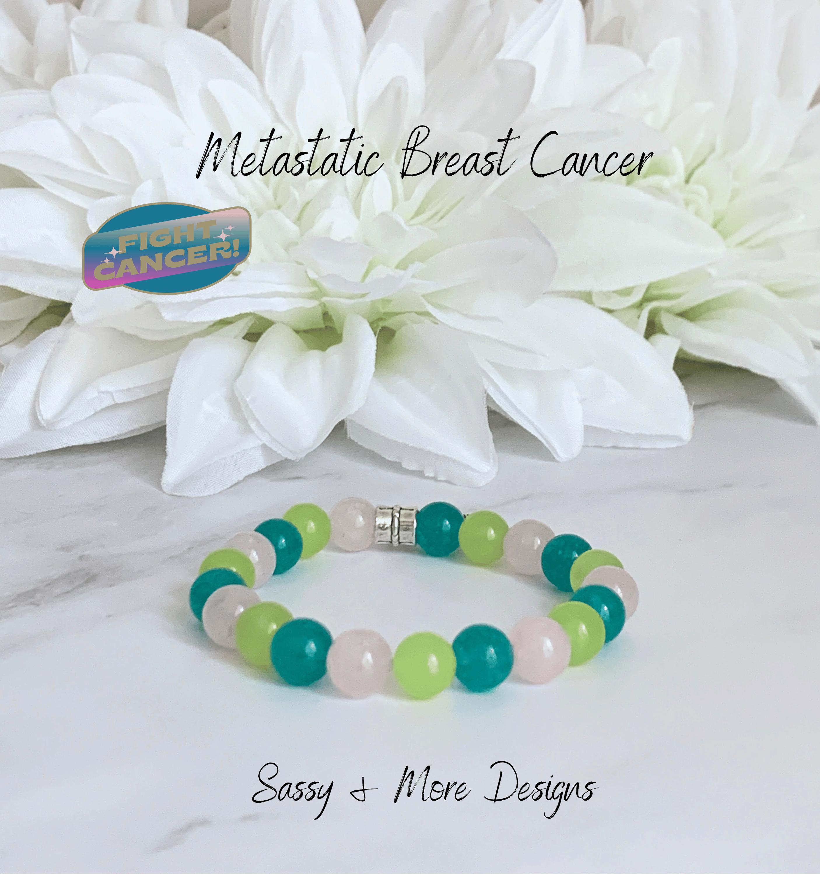 Metastatic Cancer Support Awareness Bracelet | Pink Cancer Ribbon | Nobody Fights Alone | Amazonite + Chalcedony + Jade Natural Gemstones