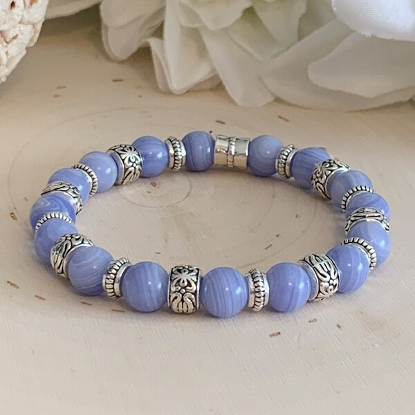 Periwinkle Ribbon Awareness Bracelet | Esophageal Cancer | Anorexia Nervosa | Blue-Purple Lace Agate Gemstone