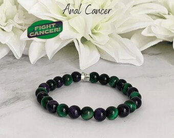 Anal Cancer Support Awareness Bracelet | Anal Cancer Ribbon | Nobody Fights Alone | Green & Purple Tigers Eye Natural Gemstones