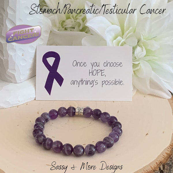 Stomach + Pancreatic + Testicular Cancer Support Awareness Beaded Bracelet | Amethyst Natural Gemstone