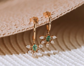 0.32 Ctw Pear Cut Emerald Earring | Flower Diamond C Hoop Earring | 14K Solid Gold Hoop Earring | Best Gift For Her | Gold Emerald Earrings