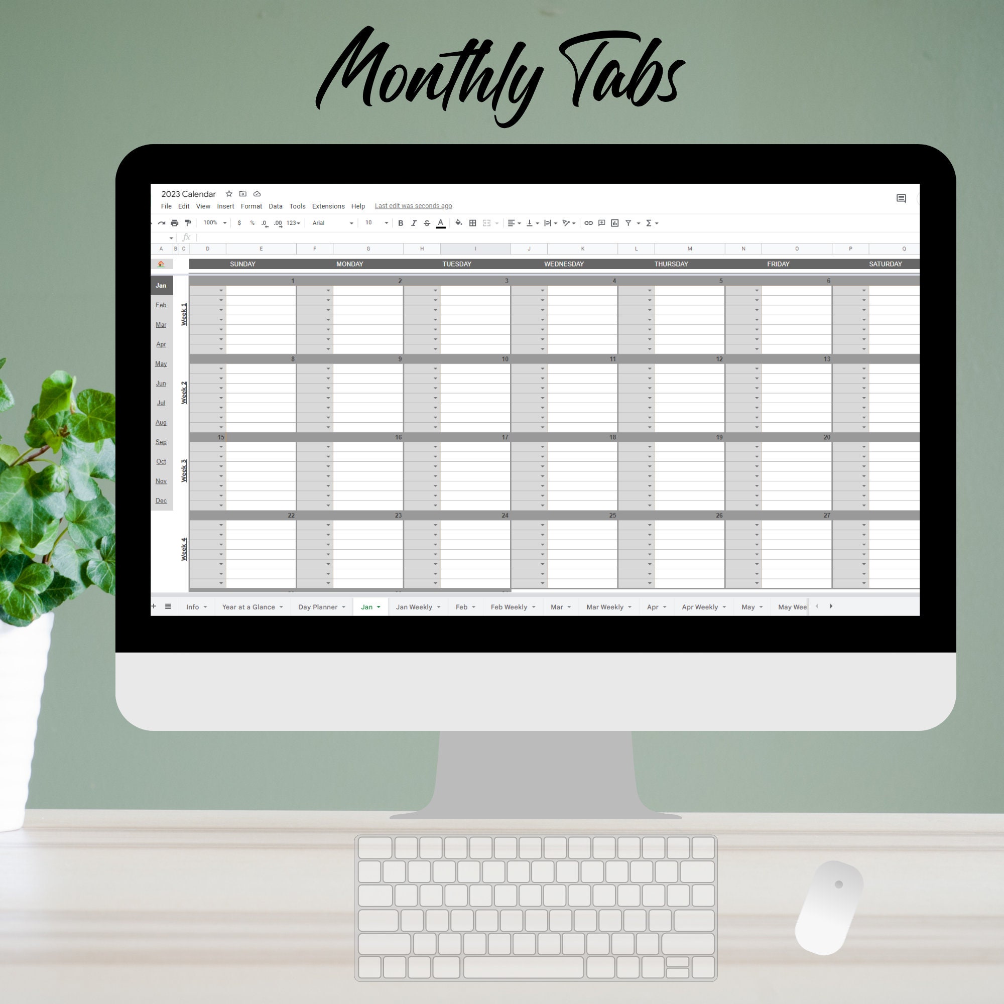 Hoja de cálculo del calendario 2023 en Google Sheets con pestañas Anual ...