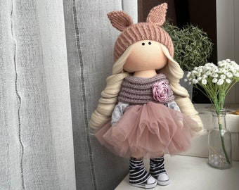 Textile Tilda doll in a puffy tutu skirt and a cute hat with ears, Handwoven doll, Doll Tilda, Rag doll, Art doll, Doll handmade, Cloth doll