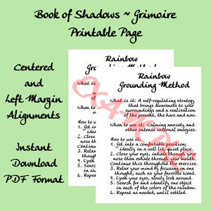 May include: Printable page with a pink and green background. The page features a grounding method called "Rainbow Grounding Method" with instructions on how to use it. The text is written in a handwritten style.