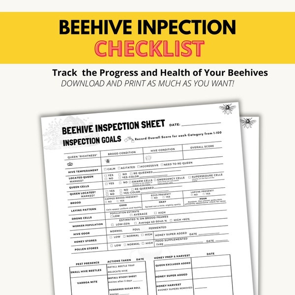 Beehive Inspection Journal, Bee Keeping Logbook, Beekeeping Inspection Checklist, Beginning Beekeeper Log, Hive Health Inspection Sheet