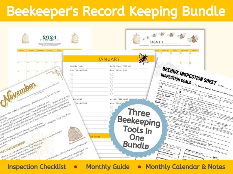 Beekeepers Record Keeping Bundle 2024 for Northern US States , Beehive Inspection Logbook, Monthly Beekeeping Tasks, Beekeeper Calendar 2024 image 1