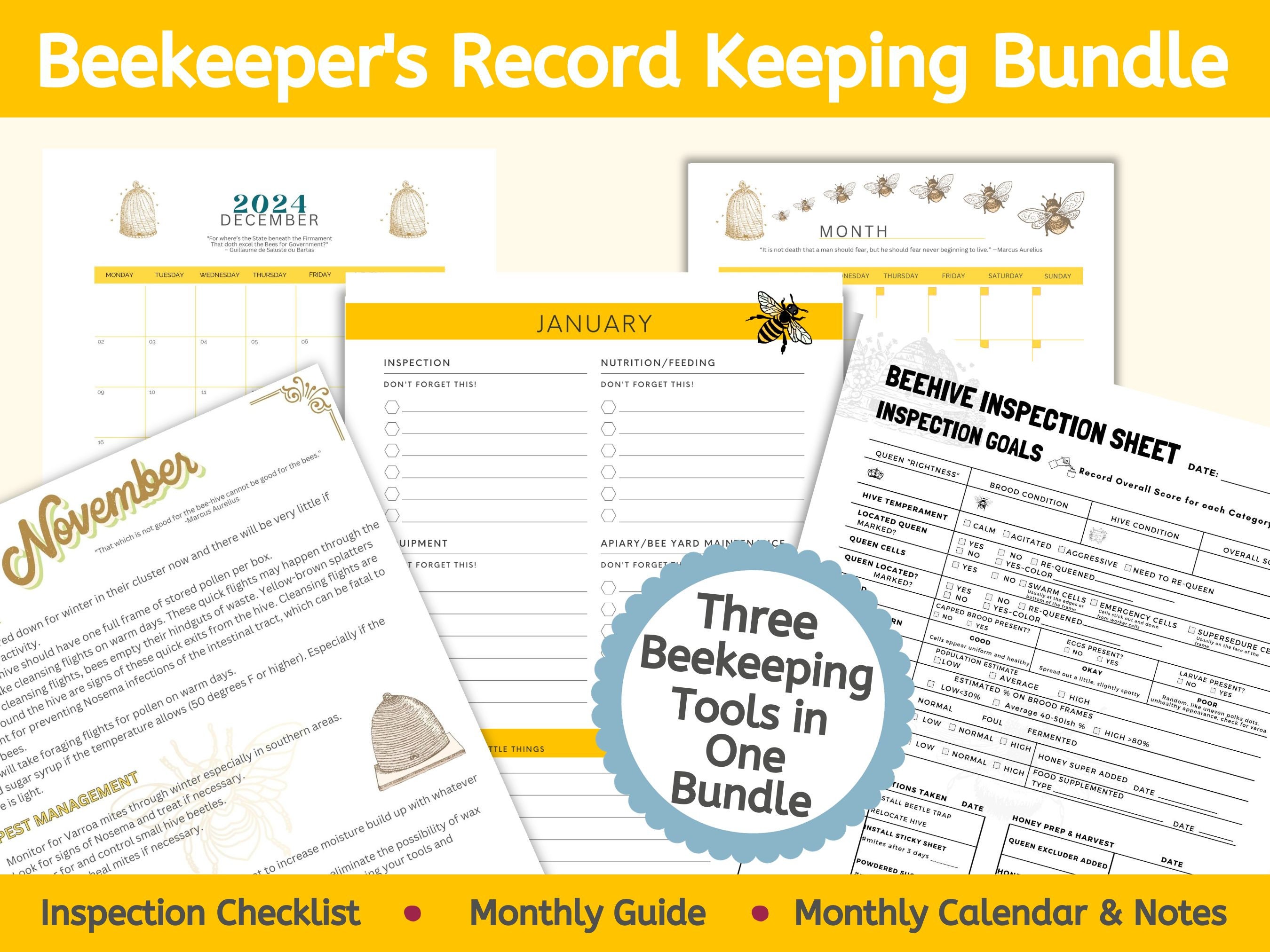 Beekeepers Record Keeping Bundle 2025 for Southern US States , Beehive Inspection Logbook, Monthly Beekeeping Tasks, Beekeeper Calendar 2025