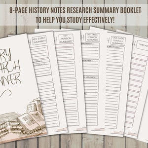 History Notes Research Template Book, History Summary Planner, Academic College University School Exam Printable, Homework, Assignment, Test